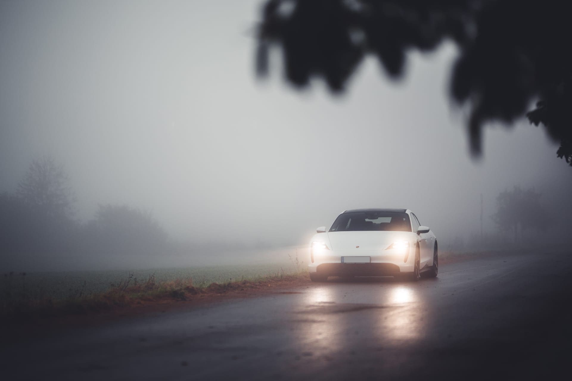 Sportwagen mit eingeschalteten Scheinwerfern, frontal im dichten Nebel auf nasser Straße