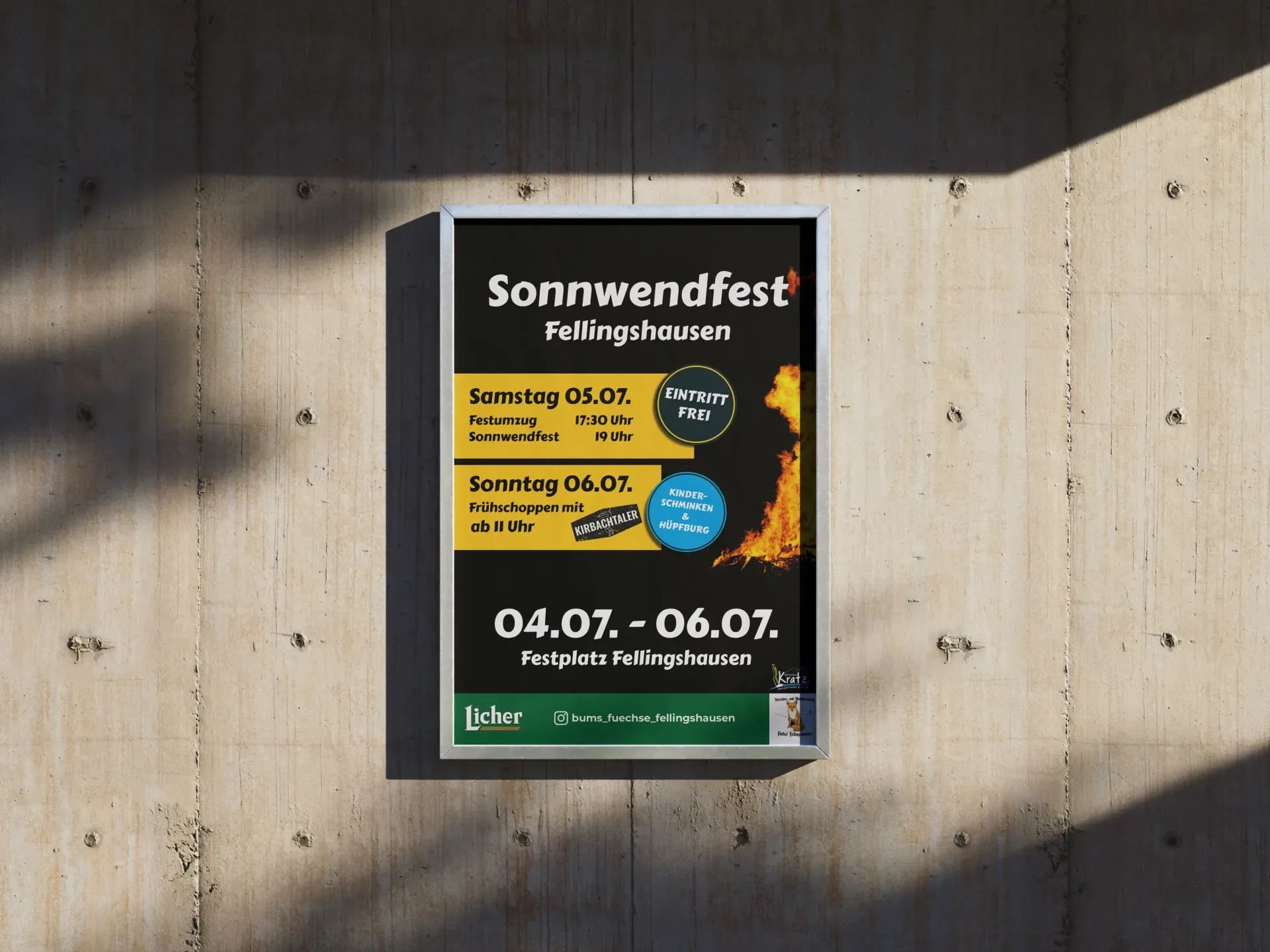 Hauptplakat des Sonnwendfests mit Flammenmotiv und gelben Terminfeldern