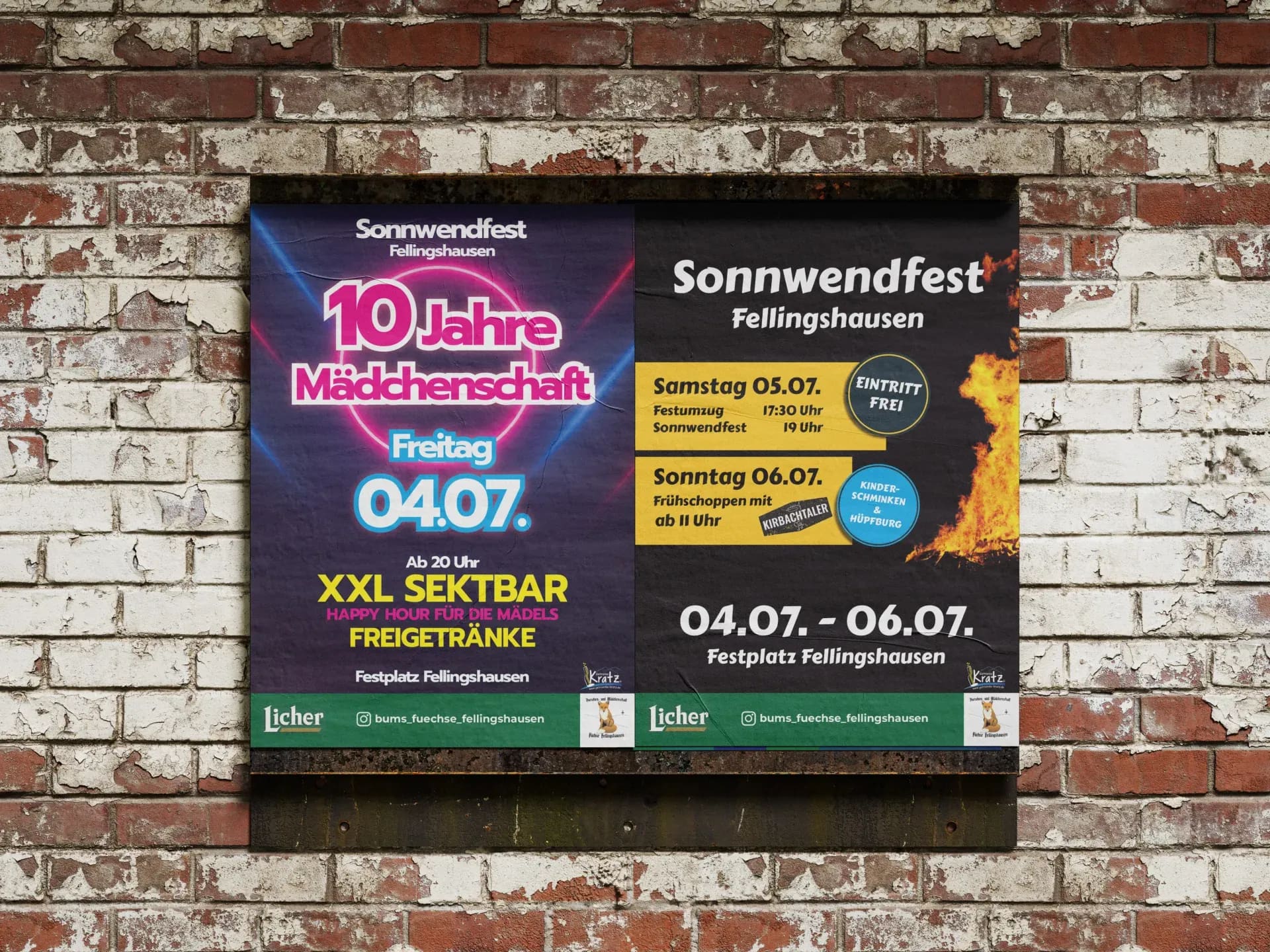 Zwei Plakate an einer Backsteinwand: das Jubiläumsplakat in Neonfarben und das schwarze Hauptplakat
