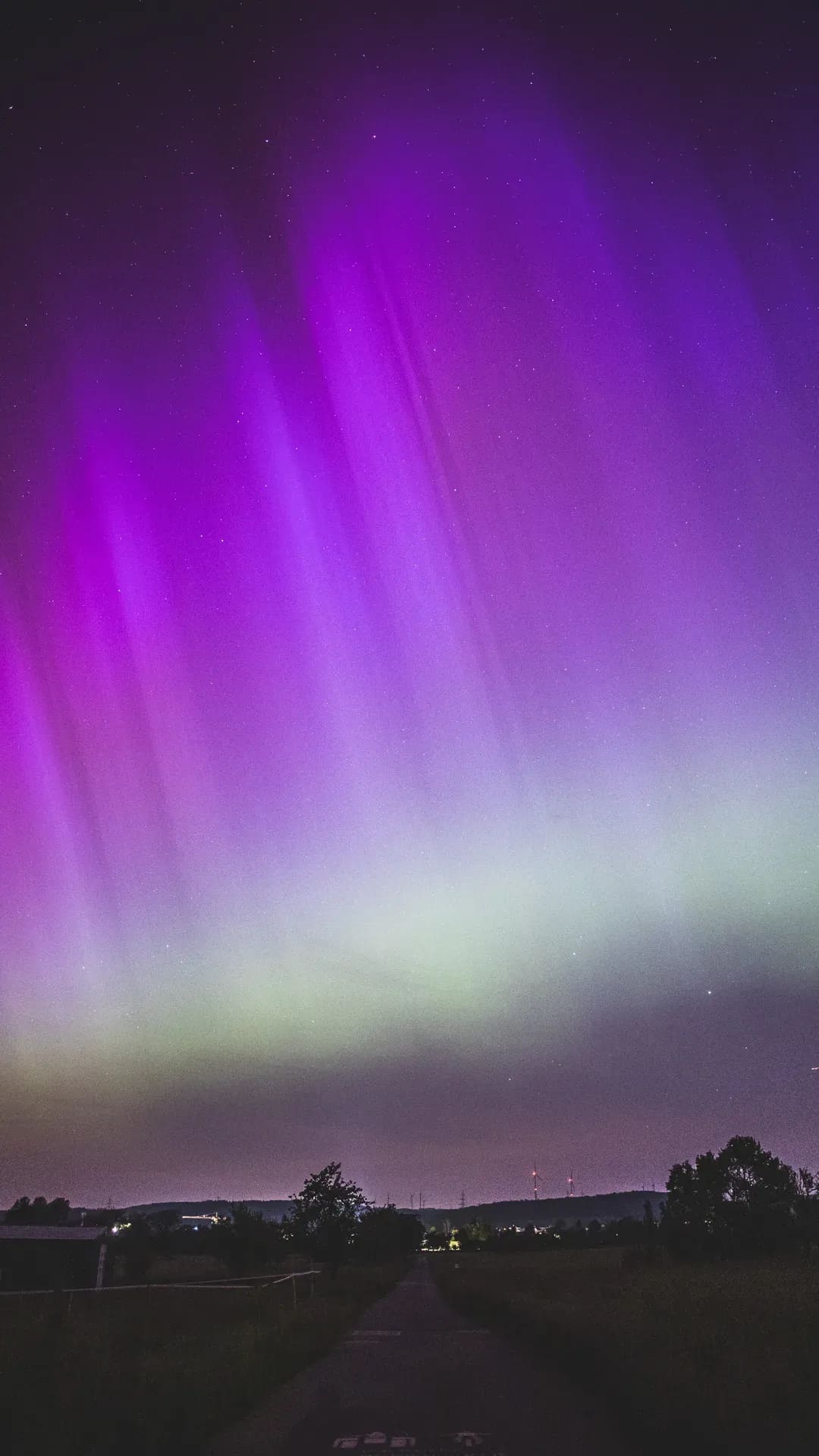 Polarlicht in Magenta und Grün über einem Feldweg