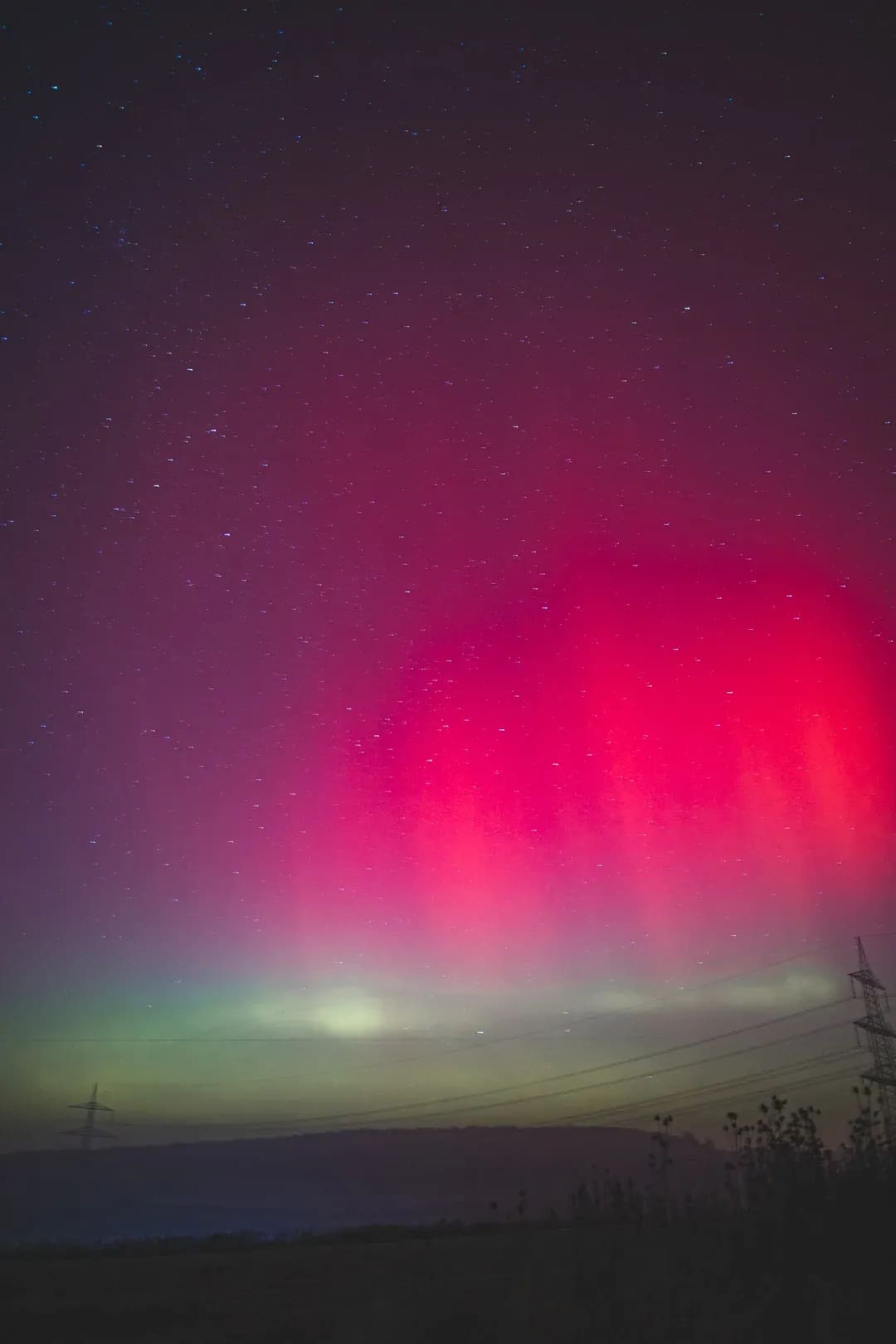 Polarlicht in Pink und Grün über dem Horizont